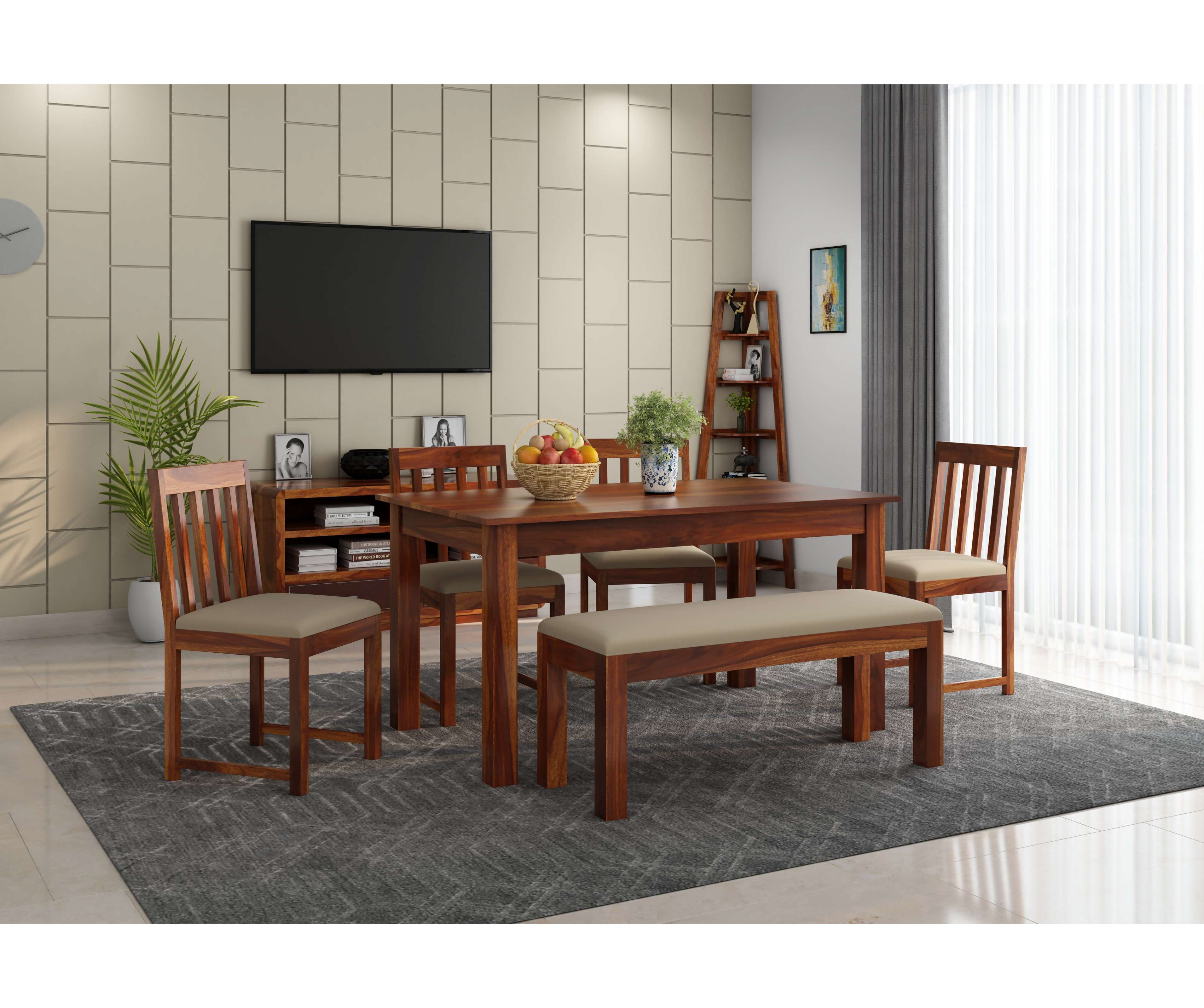 Buy PlusOne Nile Solid Sheesham Wood 6 Seater Dining Set In Teak Finish ...